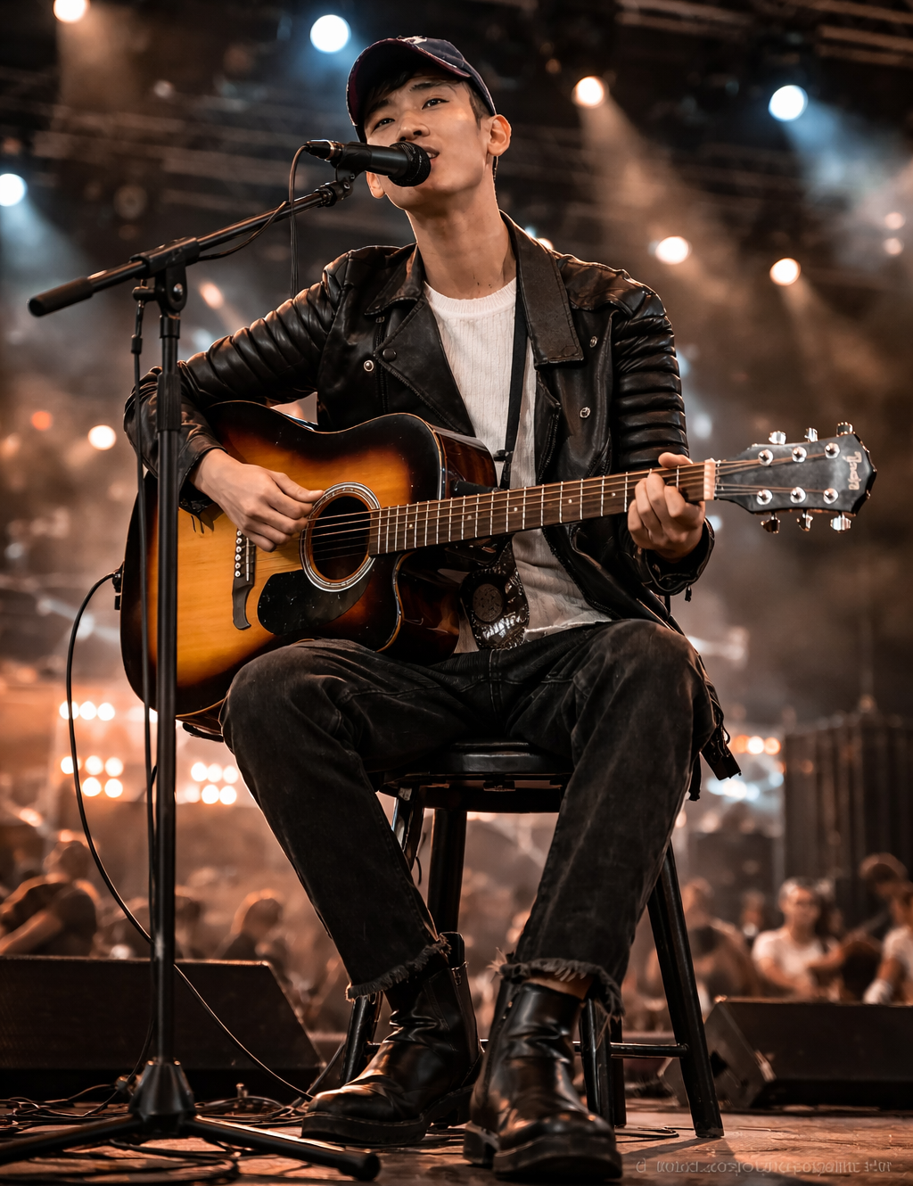 A person sitting and playing a guitar while singing